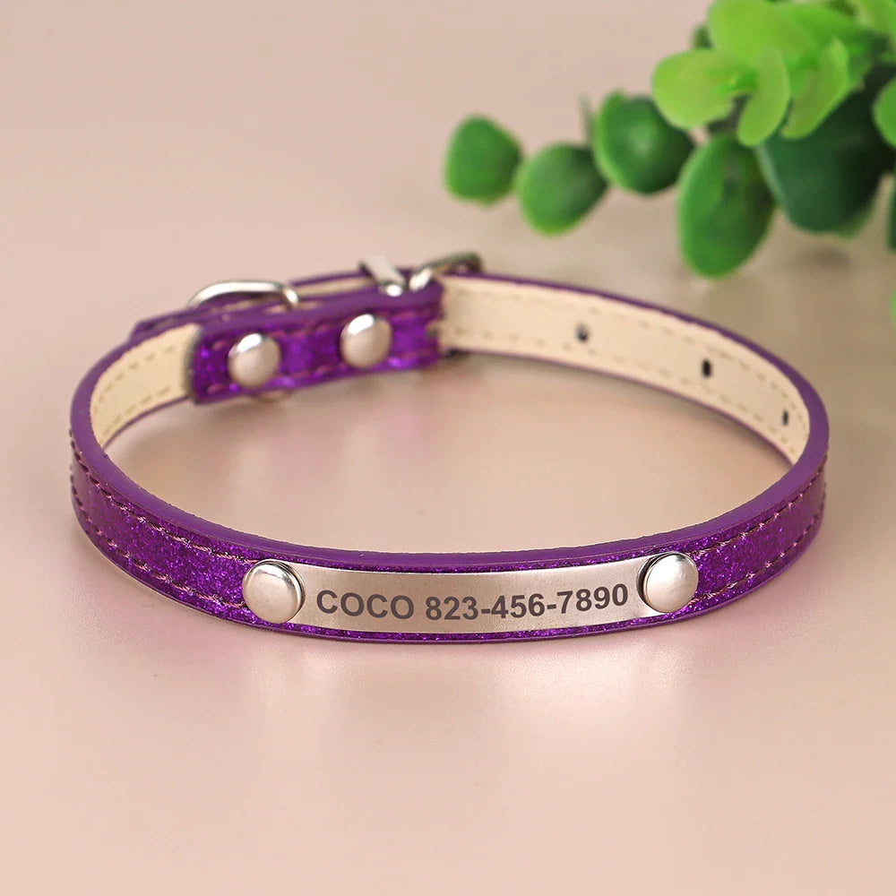 Personalized Cat Collar — Bling PU Leather Adjustable Collar with Custom ID Necklace for Cats, Kittens & Small Dogs