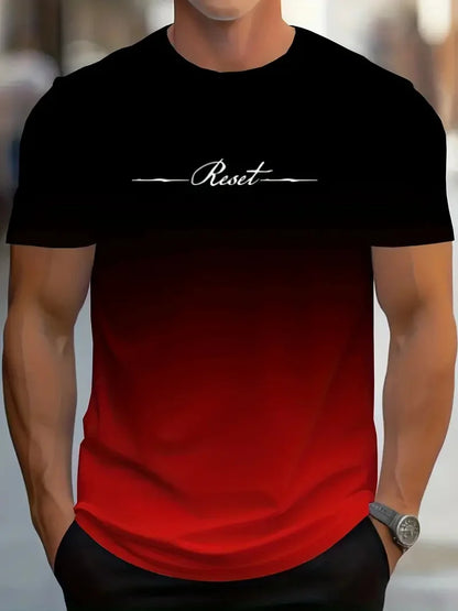 Men's Gradient 3D Printed T-Shirt – Reset Letter Design, Quick Drying, Casual Sports Summer Top (Plus Size)