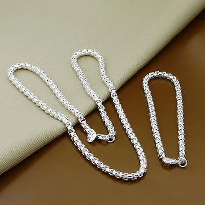 925 Sterling Silver 4mm Round Box Chain Necklace & Bracelet Set — 45–60cm Jewelry for Women, Men, and Boys, Wedding & Engagement Charm