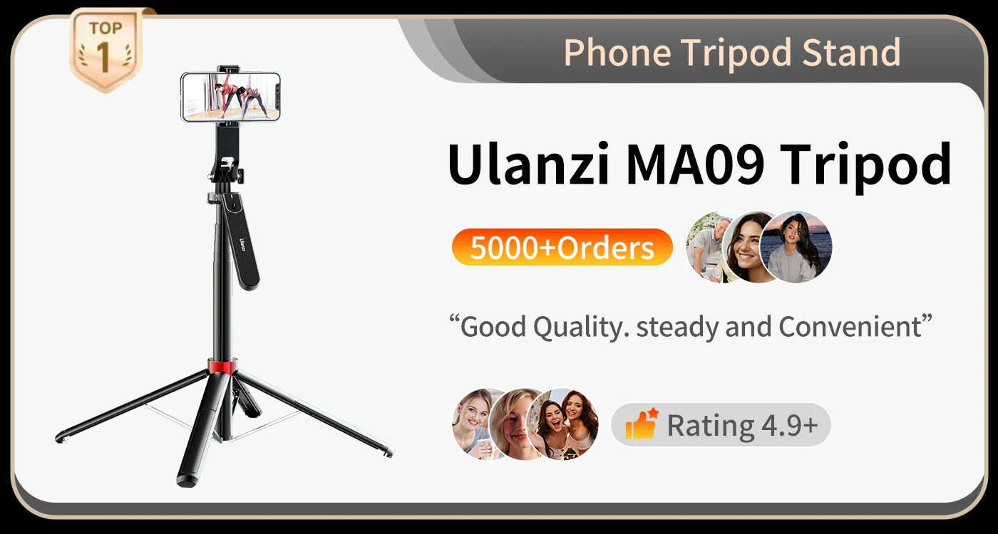 Ulanzi MA09 1.8m Selfie Stick Tripod – Remote Control Tripod for iPhone 16-13 Pro Max & Android with Panoramic Ball Head Holder