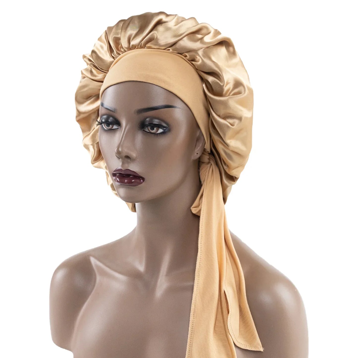 Satin Nightcap for Women - Wide Stretch, Extra-Large Long Tail, Shower Cap with Ribbon, Round Hat Hair Bonnet
