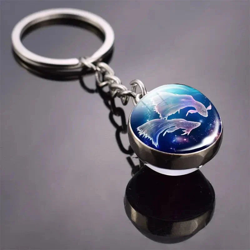 S12 Constellation Keychain – Luminous Double-Sided Zodiac Glass Ball Pendant for Men & Women