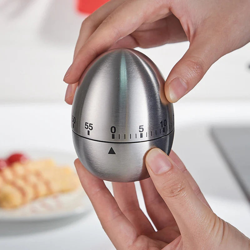 Stainless Steel Kitchen Timer - Cute Egg Shaped Mechanical Alarm Clock for Cooking - 60 Minutes Countdown