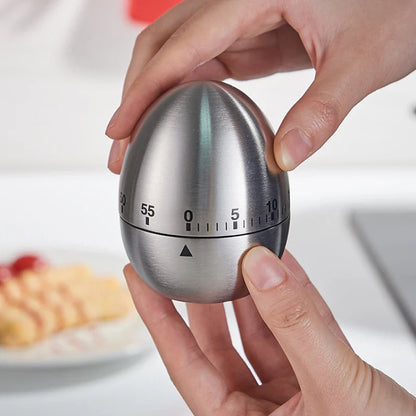 Stainless Steel Kitchen Timer - Cute Egg Shaped Mechanical Alarm Clock for Cooking - 60 Minutes Countdown