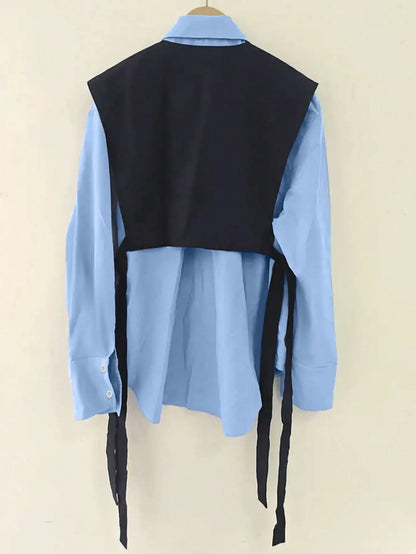 Women’s Colorblock Button-Front Shirt – Loose Fit Blouse with Tie Detail