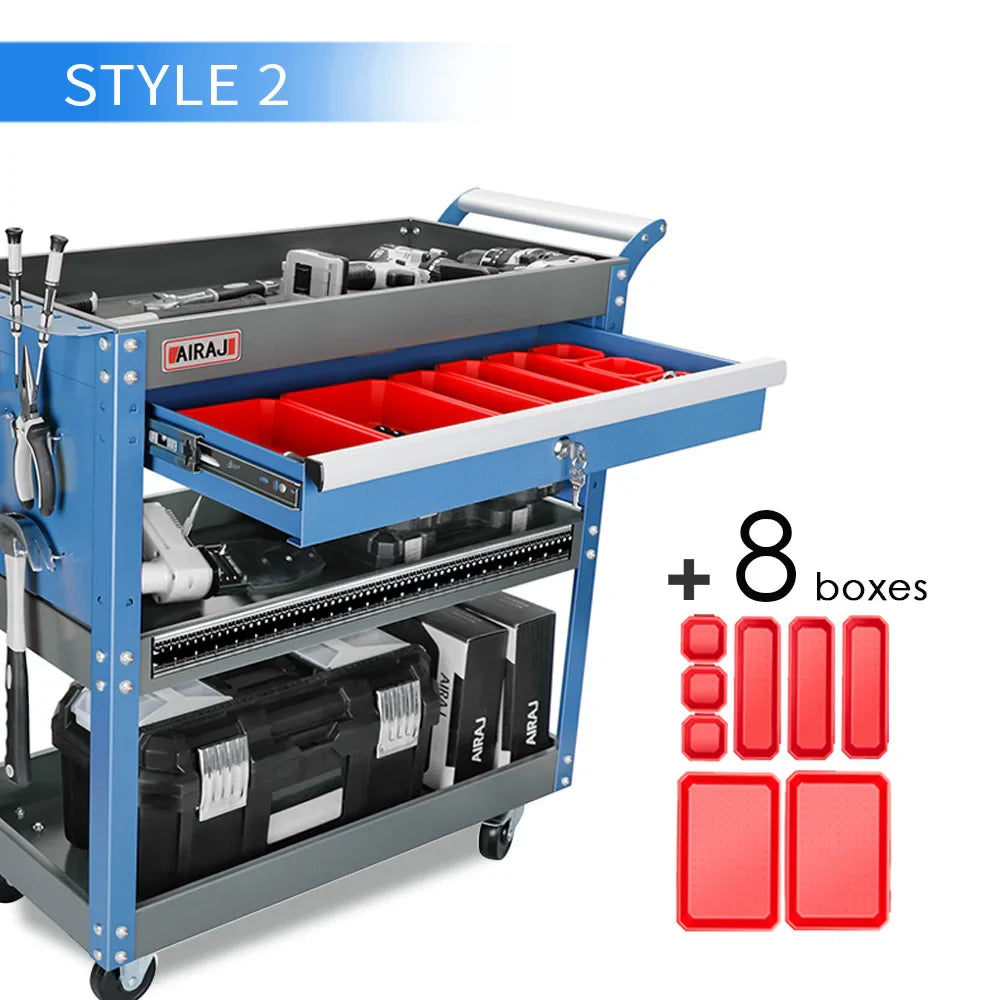 AIRAJ 3-Tier Rolling Tool Cart on Wheels - 440 lbs Capacity Storage for Garage & Warehouse, Available in Blue/Black/Red