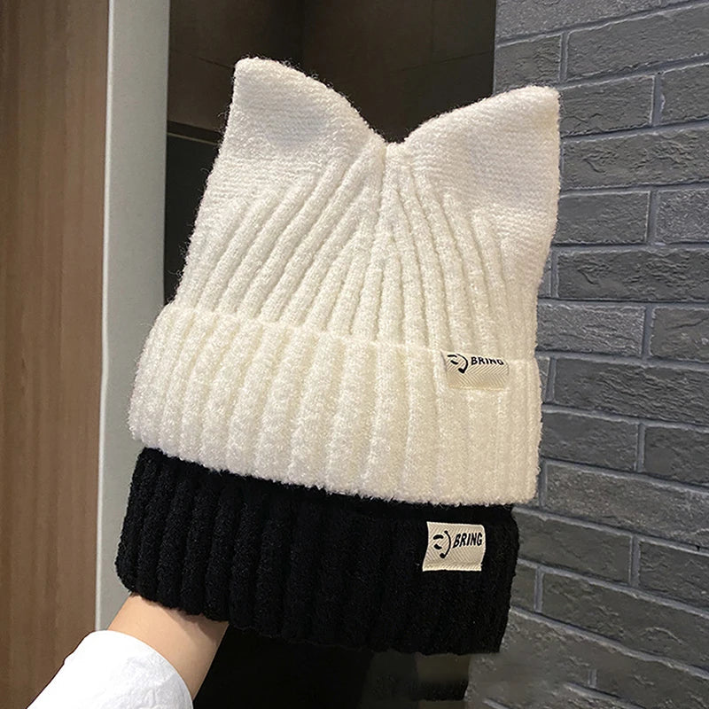 Cute Cat Ears Beanie for Women – Warm Autumn Winter Knitted Hat, Sweet Ear Protection Pullover