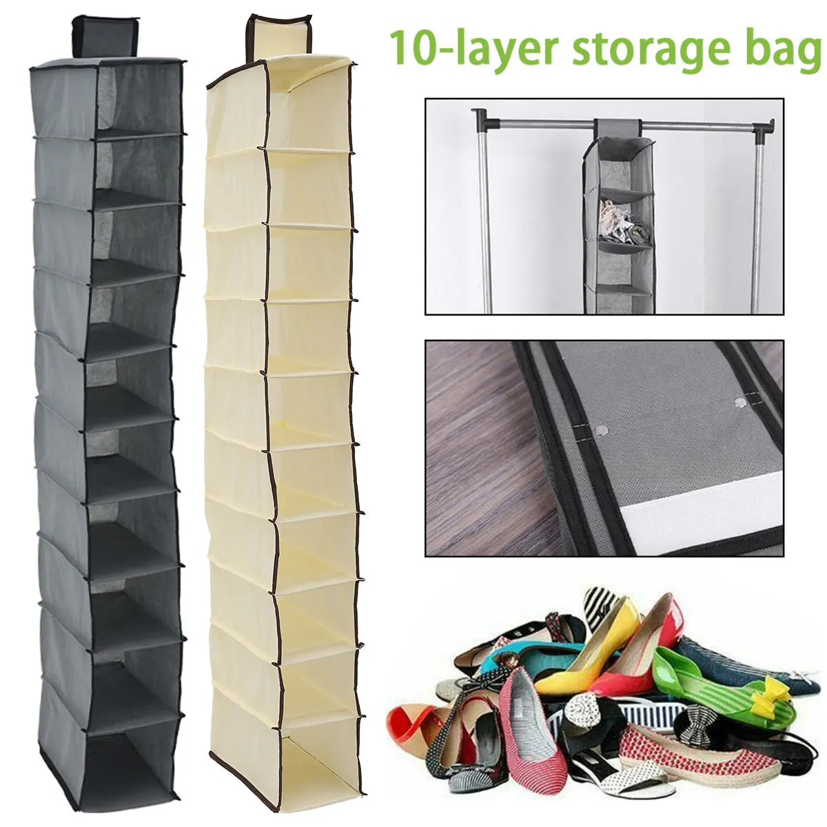 10-Shelf Hanging Shoe Organizer – Foldable Non-Woven Fabric Space-Saving Shoe Rack Multipurpose Storage