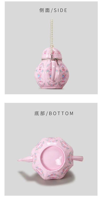 Creative Vintage Printed Teapot Design Women’s Handbag – Pearl Chain Luxury Small Bucket Crossbody Bag