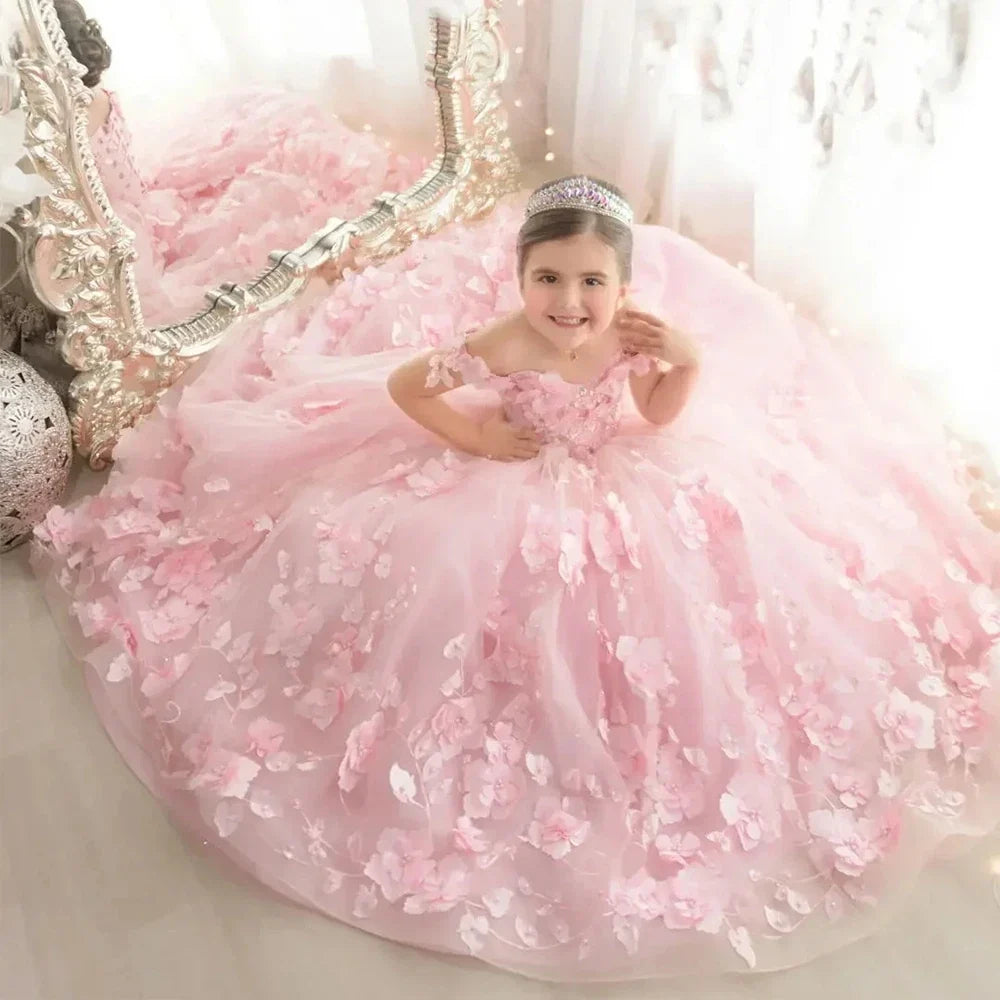Pink Flower Girl Dress - 3D Floral Applique Pearl Tulle Gown for Weddings & Parties