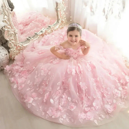 Pink Flower Girl Dress - 3D Floral Applique Pearl Tulle Gown for Weddings & Parties