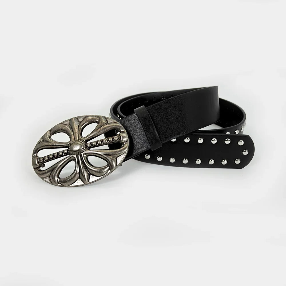 Unisex Punk Gothic Jeans Belt - Wide Hollow Cross & Heart Rivet Waistband for Women and Men