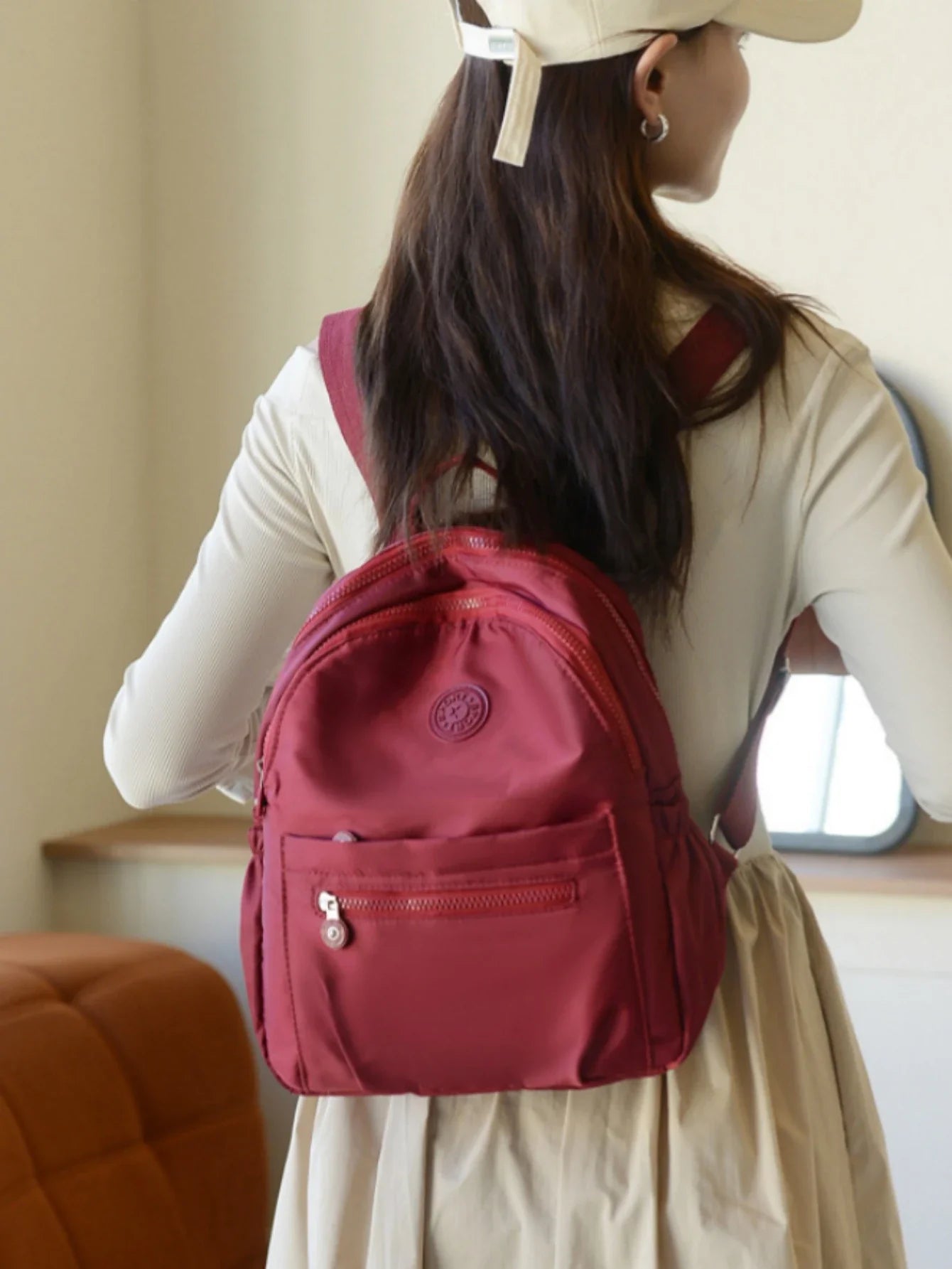 Solid Color Nylon Backpack - Lightweight, Fashion Daypack for Work and Travel, Luggage-Hangable School Bag