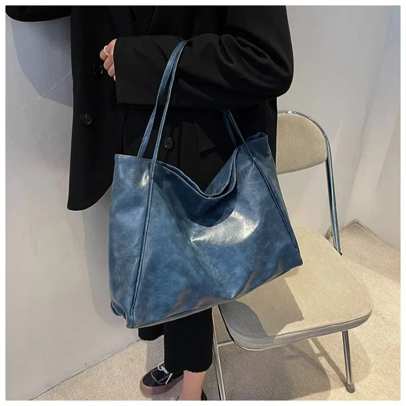 Women’s PU Leather Tote Bag – Large Capacity Soft Underarm Shoulder & Crossbody Bucket Bag Retro Casual Portable Handbag