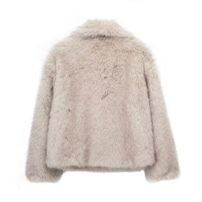 TRAF 2024 Women's Cropped Faux Fur Jacket – Chic Lapel Collar, Long Sleeve, Front Snap-Button Thick Coat