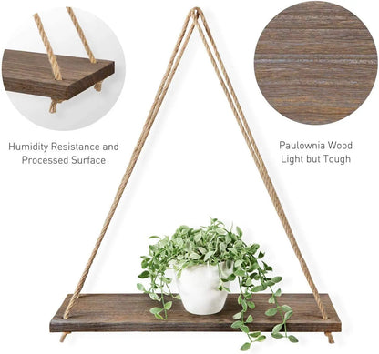 Wooden Rope Swing Wall Hanging Plant Tray | Floating Wall Shelves for Flowers | Nordic Home Decoration with Modern Simple Design