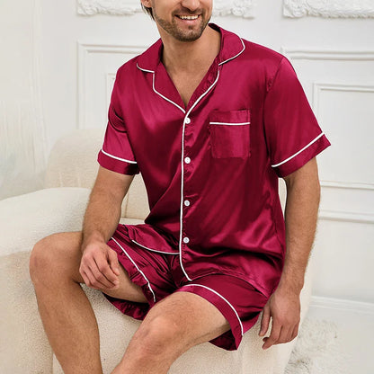 Men’s Satin Pajama Set – Summer Short Sleeve Button-Down Shirt & Shorts, 2-Piece Sleepwear Home Clothes