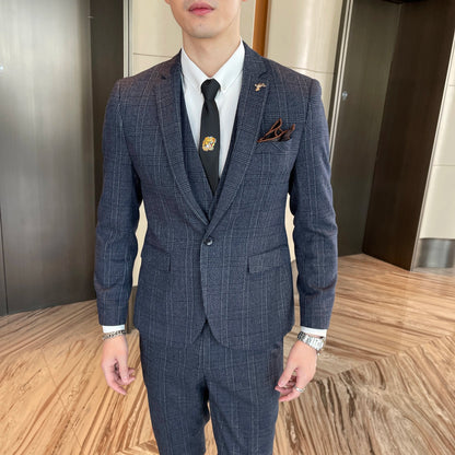 Men’s British Korean Plaid Three-Piece Suit – Stylish Business Casual Set with Blazer, Vest & Trousers