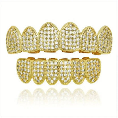 HipHop CZ Teeth Set – Unisex Gold & Silver Top/Bottom Mouth Caps, Removable Dental Fashion Jewelry