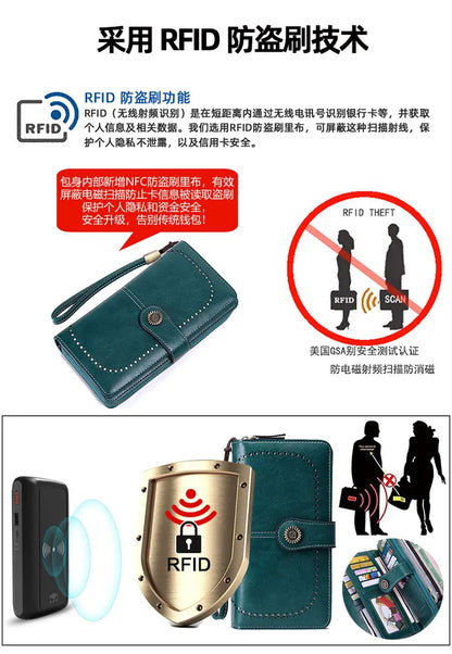 RFID Anti-Theft Retro Large Capacity Women's Wallet – Multi-Card Zipper Wallet with Wrist Strap