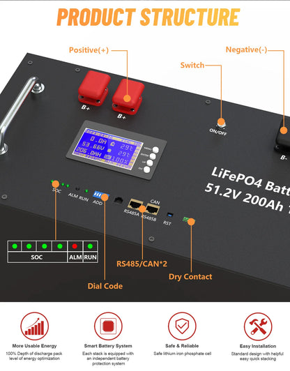 48V LiFePO4 Battery Pack — 100Ah/150Ah/200Ah 51.2V 10KW Rechargeable Lithium Solar Battery with 6000+ Cycles for Home Storage