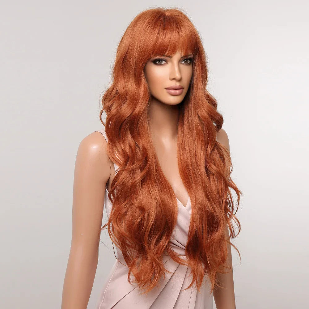 Orange Copper Ginger Long Wavy Synthetic Wig – Red & Yellow Wig with Bangs, Cosplay Body Wave, Heat-Resistant Hair for Women
