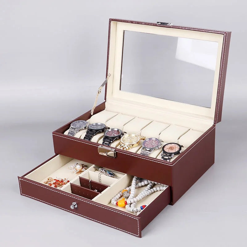 PU Leather Jewelry & Watch Organizer Box — Storage Case for Rings, Earrings, Bracelets, Perfect Gift Casket