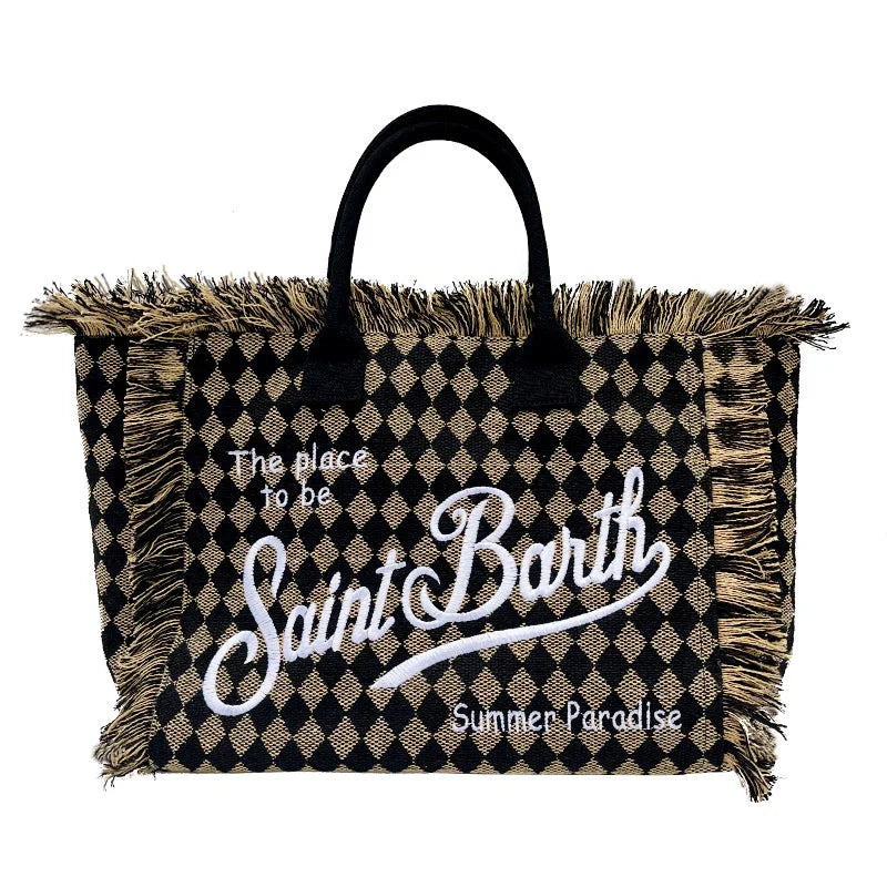 Saint Barth Large Capacity Women's Beach Handbag – European & American Style, Deep Blue Striped Tassel Tote