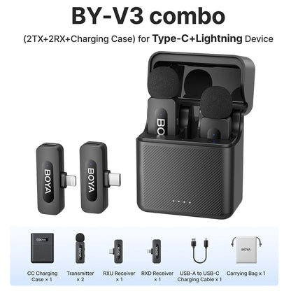 BOYA BY-V3 Wireless Lavalier Lapel Microphone – Noise-Cancelling Rechargeable Mic for iPhone, Android, Camera & Vlogging