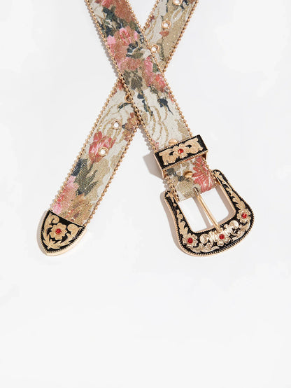 Women’s Gemstone Buckle Belt - Vintage Palace Style Floral Embroidery PU Fashion Accessory