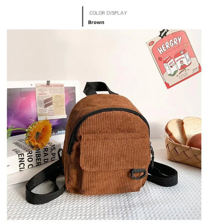 Women's Mini Backpack - Fashionable Solid Color Corduroy Casual Schoolbag with Large Capacity
