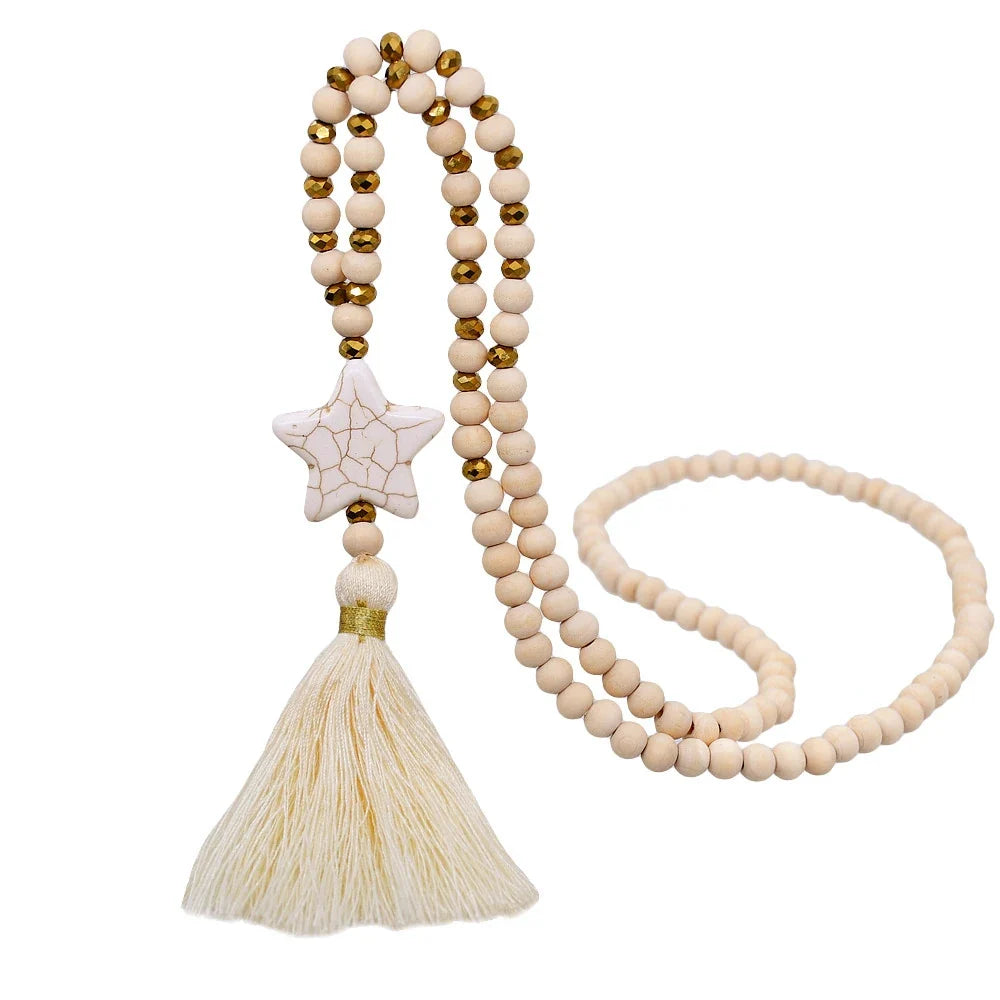 Wooden Bead Tassel Long Necklace - Bohemian Summer Beach Sweater Chain for Women | Mother's Day Gift