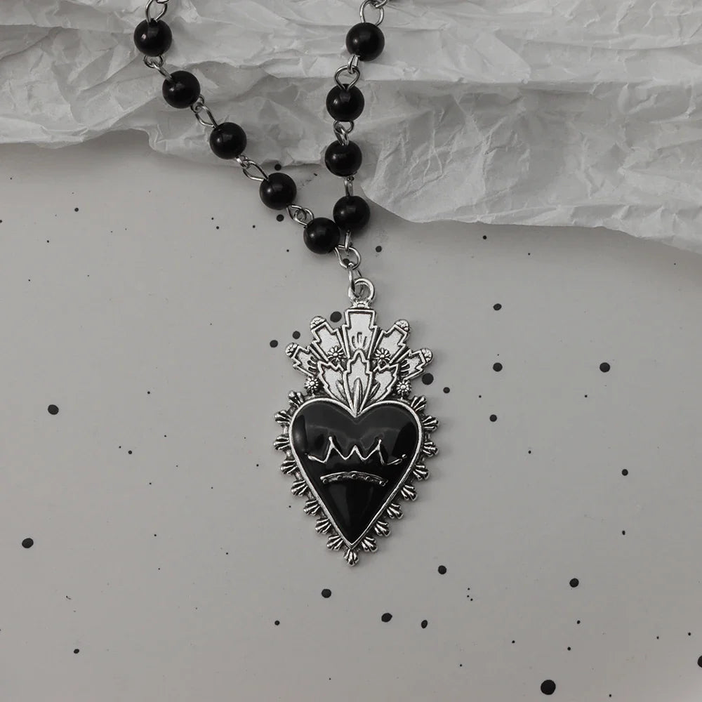 Gothic Bat Cross Necklace Set - Y2K Thorn Love Black Beaded Layered Jewelry for Halloween Parties