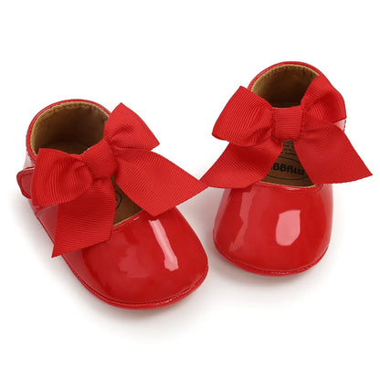Meckior Baby Girl Shoes – Bowknot PU Ballet Slippers with Rubber Anti-Slip Sole, First Walker Toddler Crib Dress Shoes