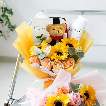 DIY Simulated Flower Bouquet – Crochet Sunflower Finished Product, Graduation, Doctoral, Valentine’s Day & Birthday Gift with Bear