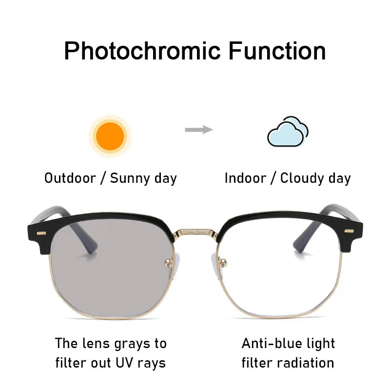 XJiea 2024 Photochromic Blue Light Blocking Glasses – Semi-Rimless Rectangle Eyewear for Men & Women, Office & Computer Use