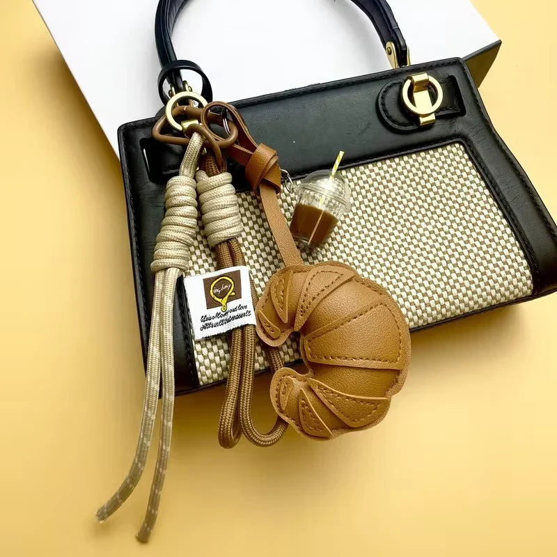 Croissant Bread Keychain - Braided Rope Heart Bag Charm & Phone Lanyard Gift