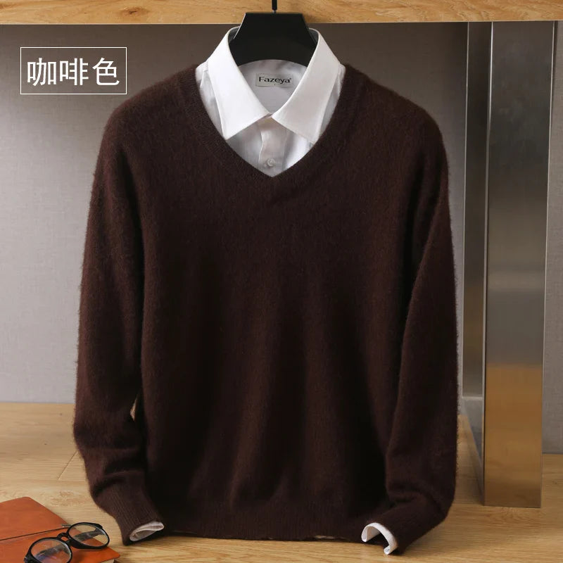 Men’s 100% Pure Mink Cashmere Sweater – V-Neck Knit Pullover, Long Sleeve Winter Jumper, Large Size High-End Top