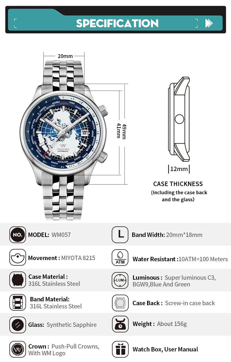 WM Welly Merck Automatic Mechanical Men’s Watch — High-Quality Sapphire, World Time, WM057 Luxury Timepiece
