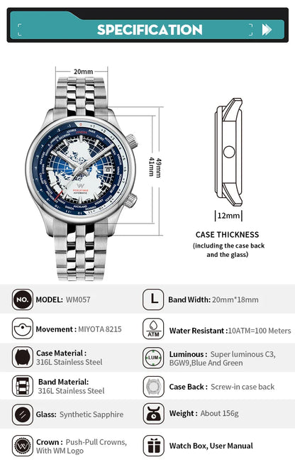 WM Welly Merck Automatic Mechanical Men’s Watch — High-Quality Sapphire, World Time, WM057 Luxury Timepiece