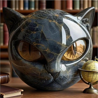 Black Cat Stone Figurine – Marble Texture Resin Cat Head Keepsake Desk Decor, Healing Style Home & Office Ornament