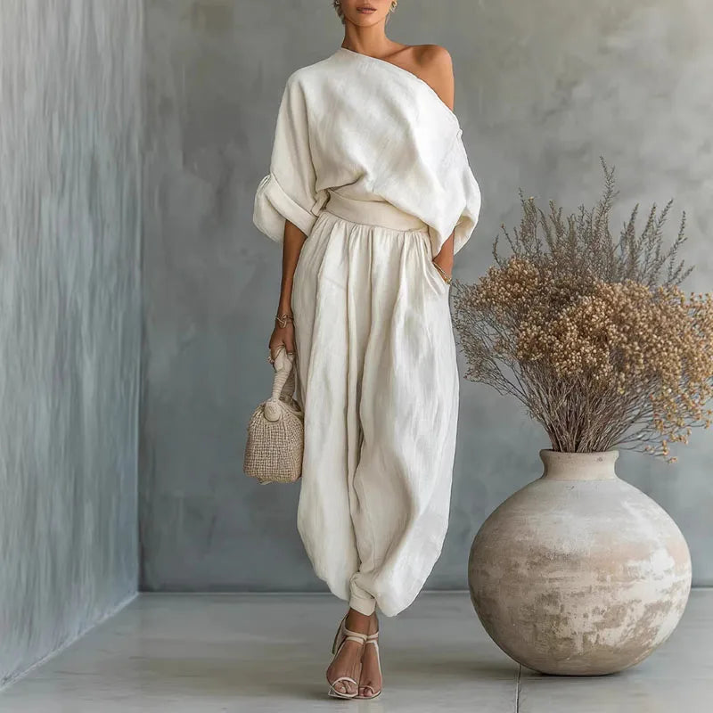 Women’s Elegant 2-Piece Set – Skew Collar Long Sleeve Top & Casual Pants, Sexy Hollow-Out Solid Outfit for Spring & Fall