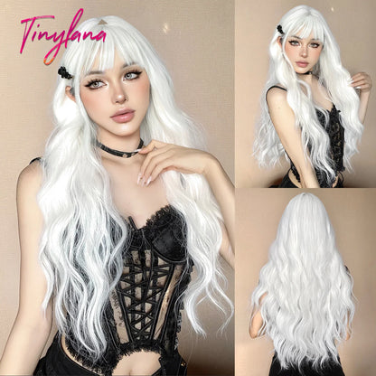 Orange Copper Ginger Long Wavy Synthetic Wig – Red & Yellow Wig with Bangs, Cosplay Body Wave, Heat-Resistant Hair for Women