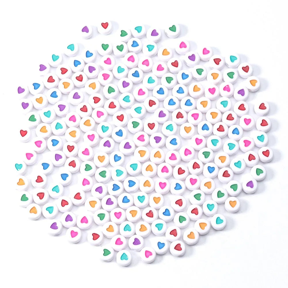 100Pcs 7mm Acrylic Flat Round Beads – Colorful Heart Pattern Spacer Beads for DIY Bracelet & Earring Jewelry Making Supplies
