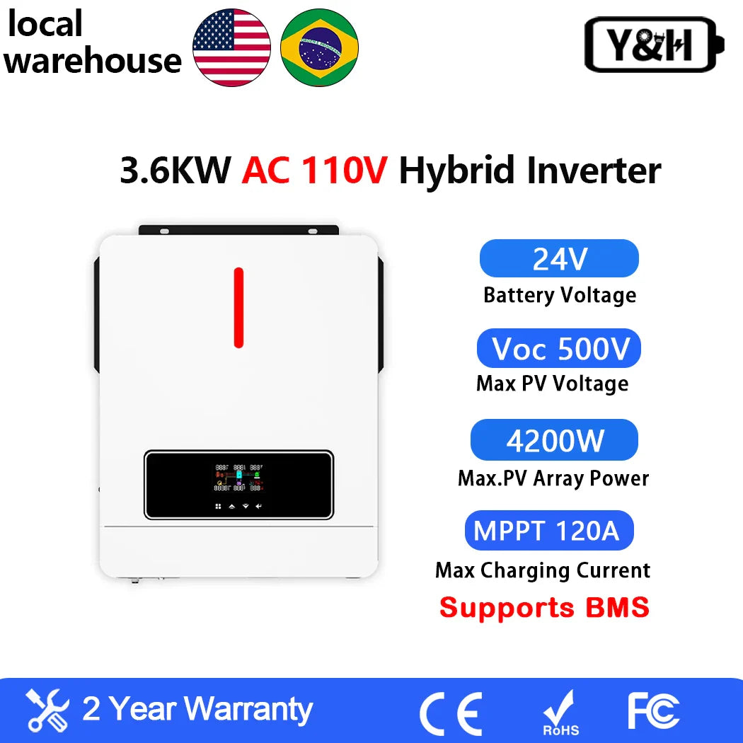 Y&H 3.6/4kW Hybrid Solar Inverter 24V – Pure Sine Wave with 120A MPPT Controller, UL1741 Certified