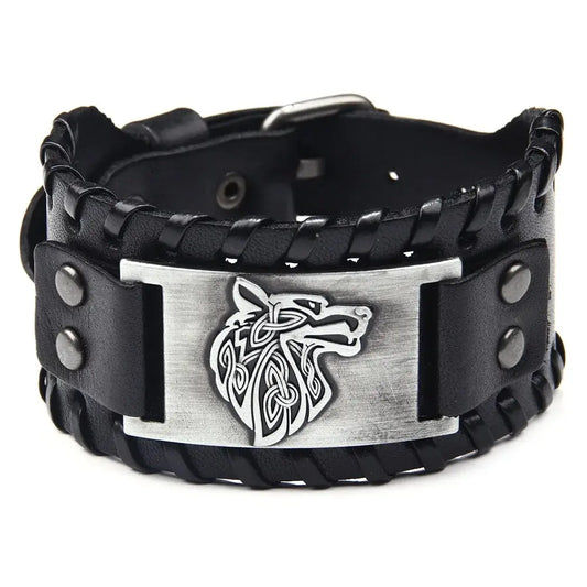 Vintage Viking Leather Braided Bracelet for Men - Celtic Wolf Head Bangle, Classic Animal Motif Jewelry & Hand Accessories