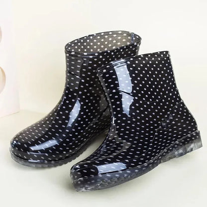 Women’s Black Polka Dot Rain Shoes – Waterproof, Non-Slip PVC Kitchen & Work Short Tube Boots for Summer