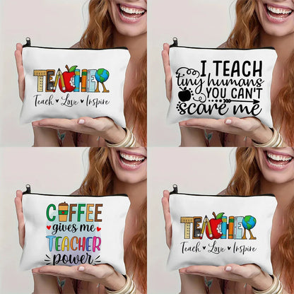 Coffee Teacher Power Makeup Bag – Linen Cosmetic Pouch for Women, Teacher’s Day Gift & Pen Organizer