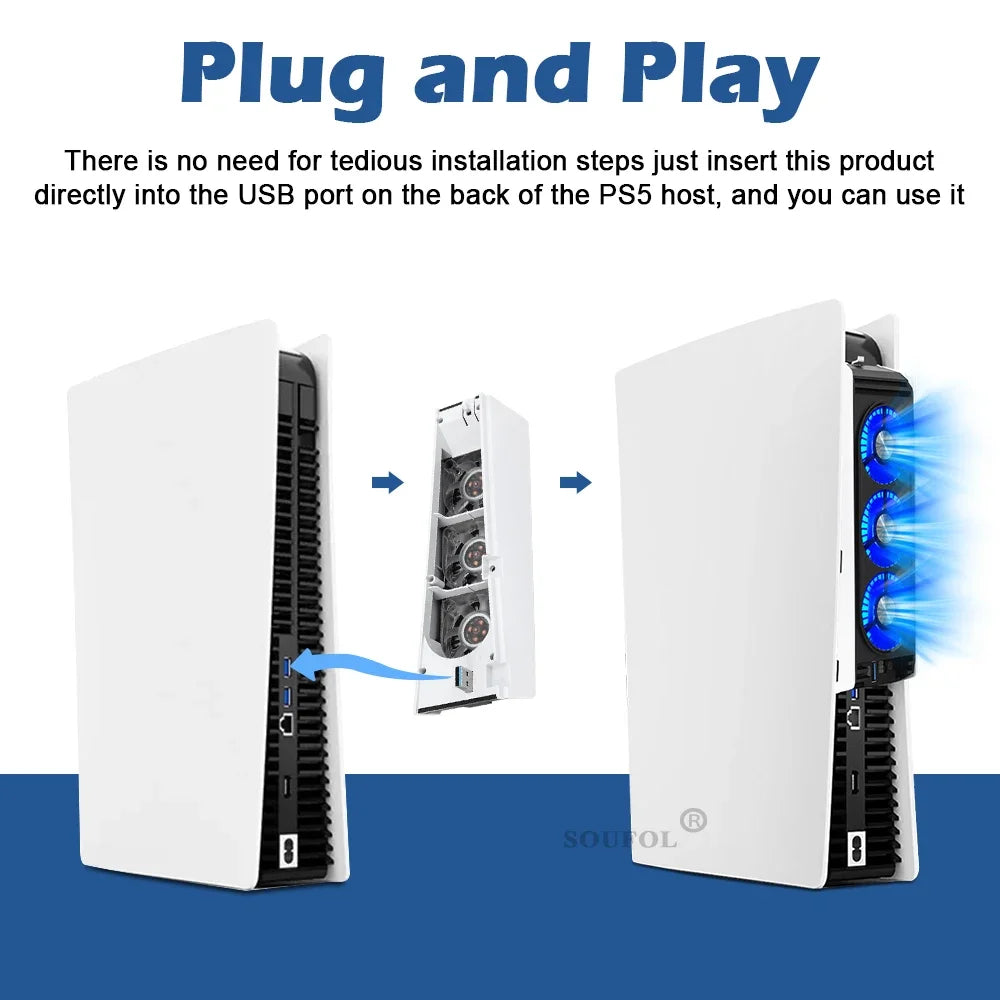 Upgraded PS5 Cooling Fan – Quiet USB 3.0 Hub with LED Light for Disc & Digital Edition Console Accessories