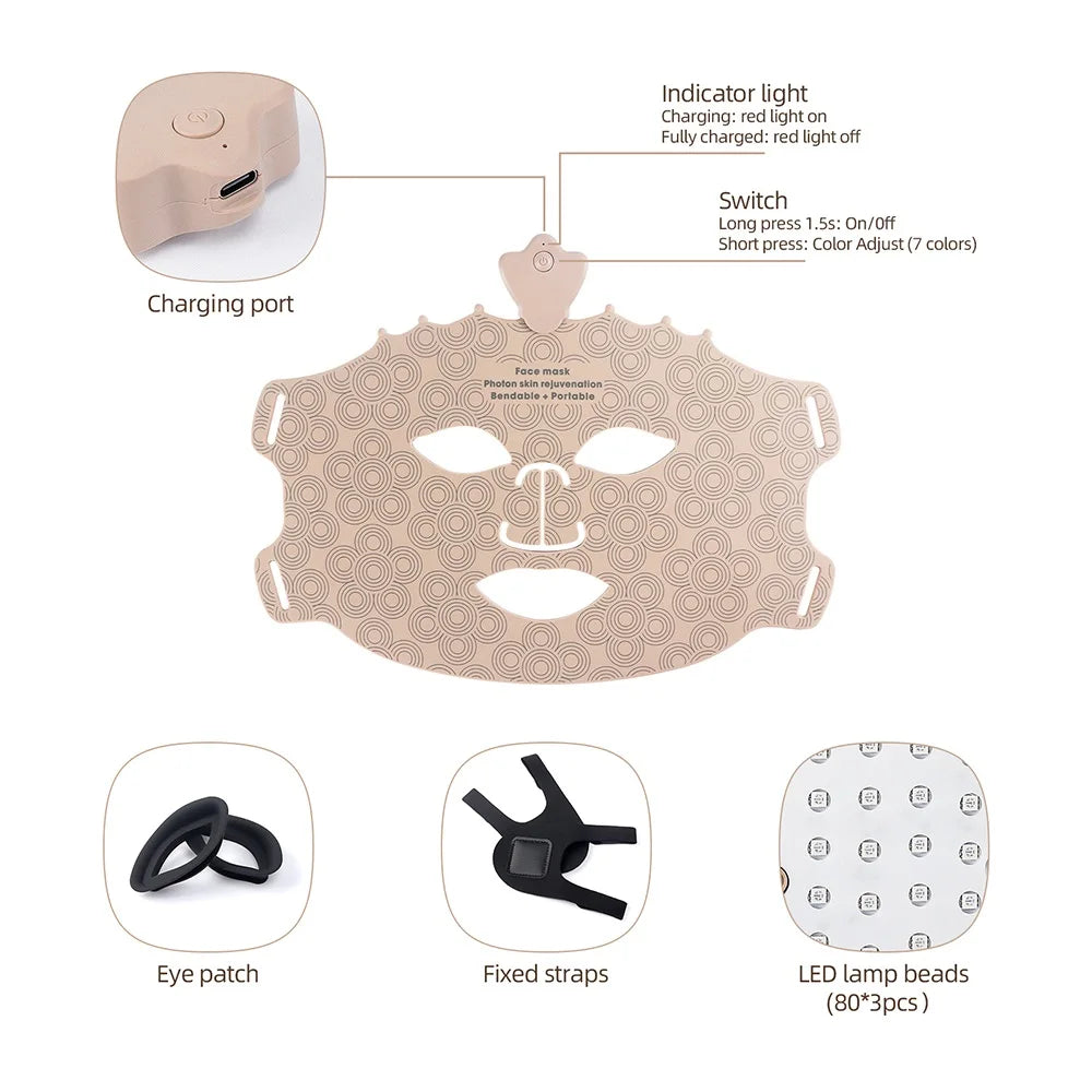 7-Color Photon Silicone LED Face Mask — 3D Facial Beauty Device with Red Light Therapy for Skin Repair & Brightening, Wireless Use